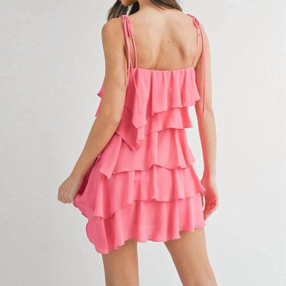 Klesis Pink Tiered Ruffle Mini Dress Sleeveless Layered Frills Size S M L New - Picture 2 of 7